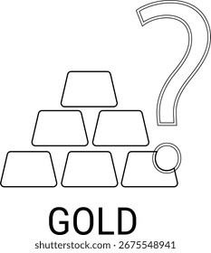 Icono de barra de oro e icono de signo de interrogación sobre fondo blanco. Con líneas negras