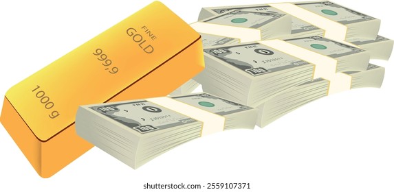 Gold bar leans on stacks of hundred dollar bills, symbolizing investment, wealth, and financial security