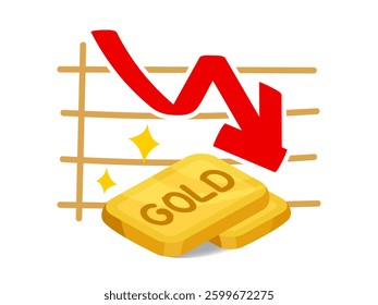 gold bar on graph and arrow down, fall, chart gold with increase and decrease, gold profit and loss concept