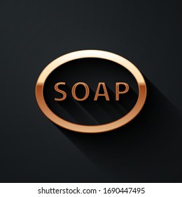 Gold Bar of soap icon isolated on black background. Soap bar with bubbles. Long shadow style. Vector Illustration