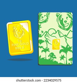 Gold bar vector illustration (gold bar card). with 1 gram and card. At card have design bear in jungle.The shiny gold