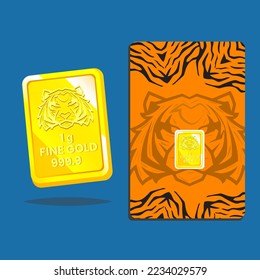 Gold bar vector illustration (gold bar card). with 1 gram and card. At card have design tiger.The shiny gold