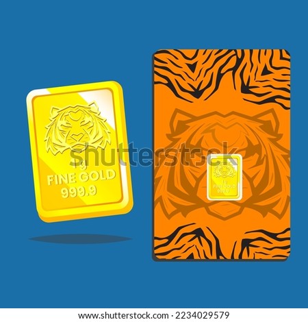 Gold bar vector illustration (gold bar card). with 1 gram and card. At card have design tiger.The shiny gold