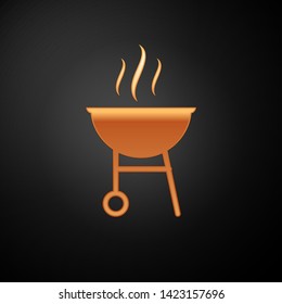 Gold Barbecue grill icon isolated on black background. BBQ grill party. Vector Illustration