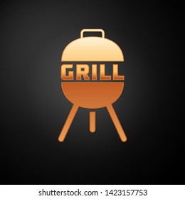 Gold Barbecue grill icon isolated on black background. BBQ grill party. Vector Illustration