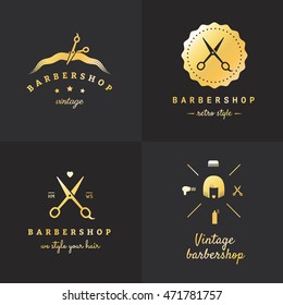 Gold barbershop logo vector set. Vintage hipster design. Part two.