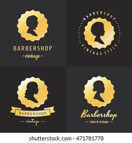 Gold barbershop profiles vintage hipster style logo vector set. Part one.