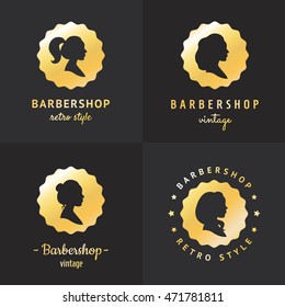 Gold barbershop profiles vintage hipster style logo vector set. Part two.