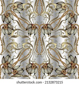 Gold Baroque 3d seamless pattern. Luxury ornamental silver floral background. Vintage golden tulips flowers ornament with intricate ropes, leaves. Repeat ornate 3d vector backdrop. Beautiful design.