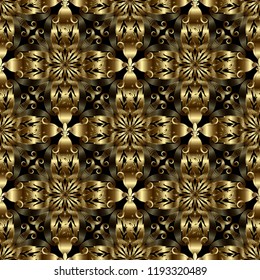 Gold Baroque 3d vector seamless pattern. Textured ornamental Damask lace background. Surface hand drawn flowers, leaves in baroque Victorian style. Luxury rich floral golden ornament. Ornate wallpaper