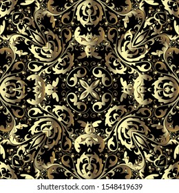 Gold Baroque 3d vector seamless pattern. Ornamental renaissance background. Vintage antique floral 3d golden ornament with flowers, leaves. Surface luxury texture. Repeat ornate decorative design. 