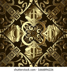 Gold Baroque 3d vector seamless pattern. Greek key meanders ornament. Floral Damask background. Repeat backdrop. Greek ornamental frames. Golden flowers, leaves. Luxury ornate textured 3d design.