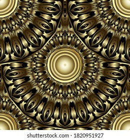 Gold Baroque Deco seamless pattern. Vintage 3d flowers, leaves, buttons. Decorative vector ornamental background. Luxury round mandalas ornaments. Ornate design for prints, wallpapers, cards, fabric.