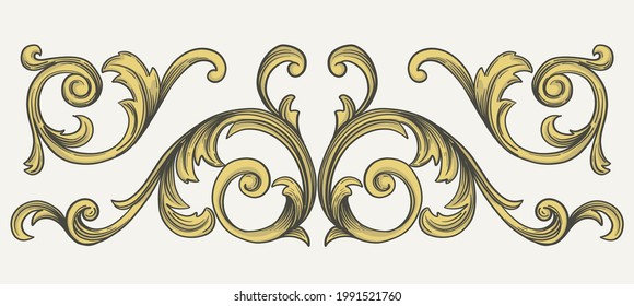 Gold baroque element. Classical vintage ornament. Vector swirls on white background.