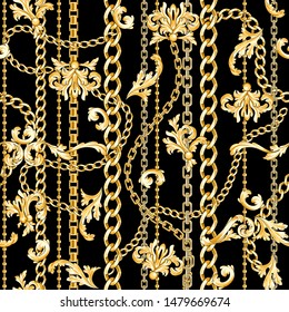 Gold baroque elements and chains mixed on black. Trendy seamless pattern.