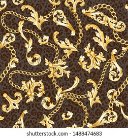 Gold baroque elements and chains mixed on animal backdrop. Trendy seamless pattern.