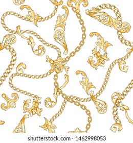 Gold baroque elements flourishes and chains mix isolated. Seamless pattern.