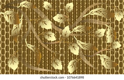 Gold Baroque floral 3d seamless pattern. Vector textured striped golden background. Luxury ornate 3d wallpaper. Leafy modern gold baroque  ornaments with vintage scroll surface leaves. Luxury royal.