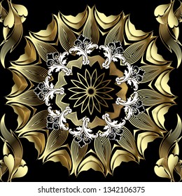 Gold Baroque floral 3d vector seamless pattern. Ornamental background with round mandala in Baroque Victorian style. Modern elegance abstract ornament. Paisley flowers, scroll leaves, lines, circles.