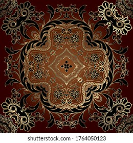 Gold Baroque floral seamless pattern. Damask vector background. Repeat patterned backdrop. Vintage elegance line art ornaments. Golden flowers, leaves, lines, shapes. Beautiful ornate luxury design.