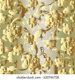 Gold baroque floral seamless pattern. Flowers background. 3d wallpaper with vintage decorative antique 3d baroque flowers leaves and baroque ornaments. Royal  endless texture.Vector roses pattern.