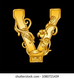 gold baroque hand drawn letter V
