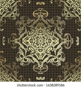 Gold Baroque lacy 3d vector seamless pattern, Lace elegance background. Repeat net backdrop. Vintage line art tracery baroque Damask floral ornaments. Textured ornate design. Grid texture. Flowers.