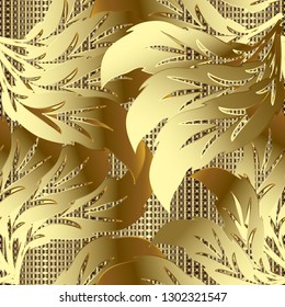 Gold Baroque leafy 3d vector seamless pattern. Lace grid lattice textured ornamental golden background. Repeat luxury floral ornate backdrop. Vintage antique baroque style elegance leaves ornament
