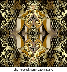 Gold Baroque luxury 3d vector seamless pattern. Lace elegance textured background. Royal baroque Victorian style golden ornament. Vintage ornate design. Scroll leaves, flowers. Repeat antique backdrop
