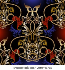 Patrón sin fisuras del estilo antiguo barroco dorado. Fondo de brillo del vector ornamental. Repetir el fondo de color. Bonitos adornos antiguos. Flores doradas, hojas, cuerdas. Diseño lujoso ornamental real.