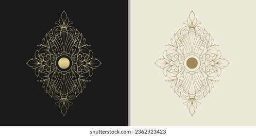 Gold baroque ornament with flower and leaf motifs in a hand drawn style