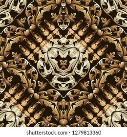 Gold Baroque ornamental 3d vector seamless pattern. Tiled patterned vintage background. Repeat antique luxury backdrop. Damask floral ornament in baroque Victorian style. Ornate royal elegance design