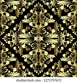 Gold Baroque ornate 3d vector seamless pattern. Vintage ornamental Damask background. Antique old golden floral baroque Victorian style ornament. Abstract elegance design with frames, flowers, leaves