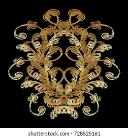 Gold baroque pattern. Antique embroidery ornament. Black floral tapestry background. Vector surface arras texture with damask flowers, scroll grunge leaves. Circlet of flowers in Baroque style.