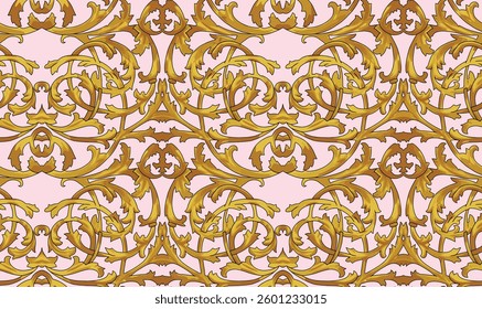 Gold baroque pattern on a light pink background, for textile, wallpaper, gift wrapping.