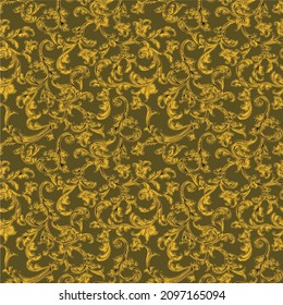 Patrón barroco dorado de estilo barroco, estampado floral sin costura, Agradable para usar como fondo, Papel de paredes sin costura, tapicería marrón vintage, estampado ornamental, patrón de estilo real.