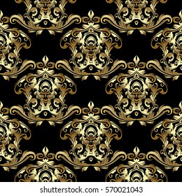 Gold  baroque  seamless pattern. Antique wallpaper with vintage medieval damask flowers,  leaves and luxury golden ornaments. Vector royal texture. Black  background.