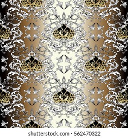 Gold baroque  seamless pattern background wallpaper illustration with vintage gold   royal crown,flowers, scroll leaves  and old  medieval damask ornaments. Elegant vector ornate gold  fabric texture.