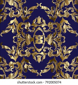 Gold Baroque seamless pattern. Dark blue vector damask background with antique textured baroque flowers, scroll leaves, patterned ornaments. Floral surface design for wallpapers, fabric, prints.