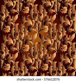 Gold baroque seamless  pattern.  Floral  red  background  with  vintage medieval  3d  damask  ornaments, antique scroll  leaves and flowers. Vector luxury  texture for wallpapers, textile, fabric