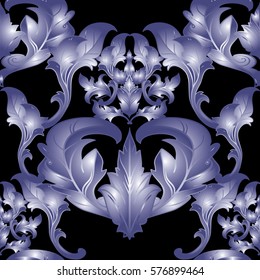 Gold baroque seamless  pattern. Floral black  background  with  vintage medieval  blue 3d  damask  ornaments, antique scroll  leaves and flowers. Vector luxury  texture for wallpapers, textile, fabric