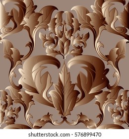 Gold baroque seamless  pattern.  Floral beige  background  with  vintage medieval  3d  damask  ornaments, antique scroll  leaves and flowers. Vector luxury  texture for wallpapers, textile, fabric