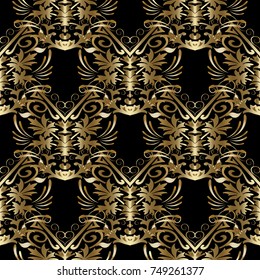 Gold Baroque seamless pattern. Luxury black vector background with antique vintage damask flowers, leaves, swirl lines, stripes, rhombus.  Modern geometric ornaments. Elegant fabric, walls design