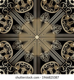 Gold Baroque seamless pattern. Ornamental vector background. Floral ornaments with vintage flowers, leaves, abstract shapes, radial lines, mandalas. Repeat ornate backdrop. Beautiful luxury design.