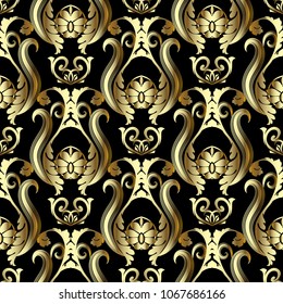 Gold Baroque seamless pattern. Vector ornate floral background with vintage flowers, scrolls, leaves, antique damask ornaments in baroque victorian style. Surface design for wallpaper, fabric