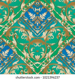 Gold Baroque striped seamless pattern. Blue and green floral vector baclground wallpaper with vintage golden damask flowers, stripes, scroll leaves, borders, antique ornaments in baroque style.