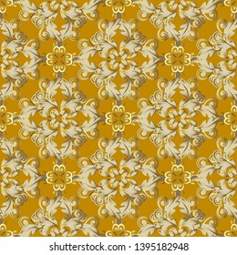 Gold Baroque surface vector seamless pattern. Damask ornamental background. Vintage golden flowers, leaves. Baroque Victorian style ornament. Ornate repeat decorative backdrop. Luxury rich design