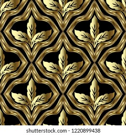 Gold Baroque vector 3d seamless pttern. Textured ornamental gold frames. Vintage floral ornate background. Repeat geometric backdrop. Antique baroque Victoorian style ornament. Surface royal design