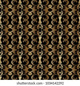Gold Baroque vector seamless pattern. Antique floral background wallpaper with 3d old baroque flowers, scroll leaves, damask ornaments in rococo renaissance style. Surface texture. Ornate rich design