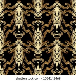 Gold Baroque vector seamless pattern. Antique floral background wallpaper with 3d old baroque flowers, scroll leaves, damask ornaments in rococo renaissance style. Surface texture. Ornate rich design